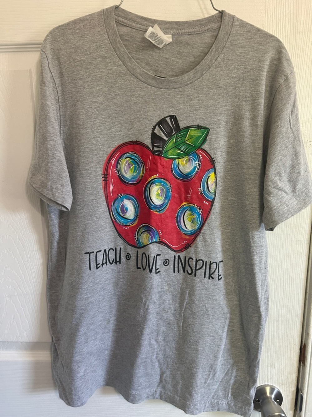 Bella Canvas Gray Tee with Red Apple and Multicolor Accents